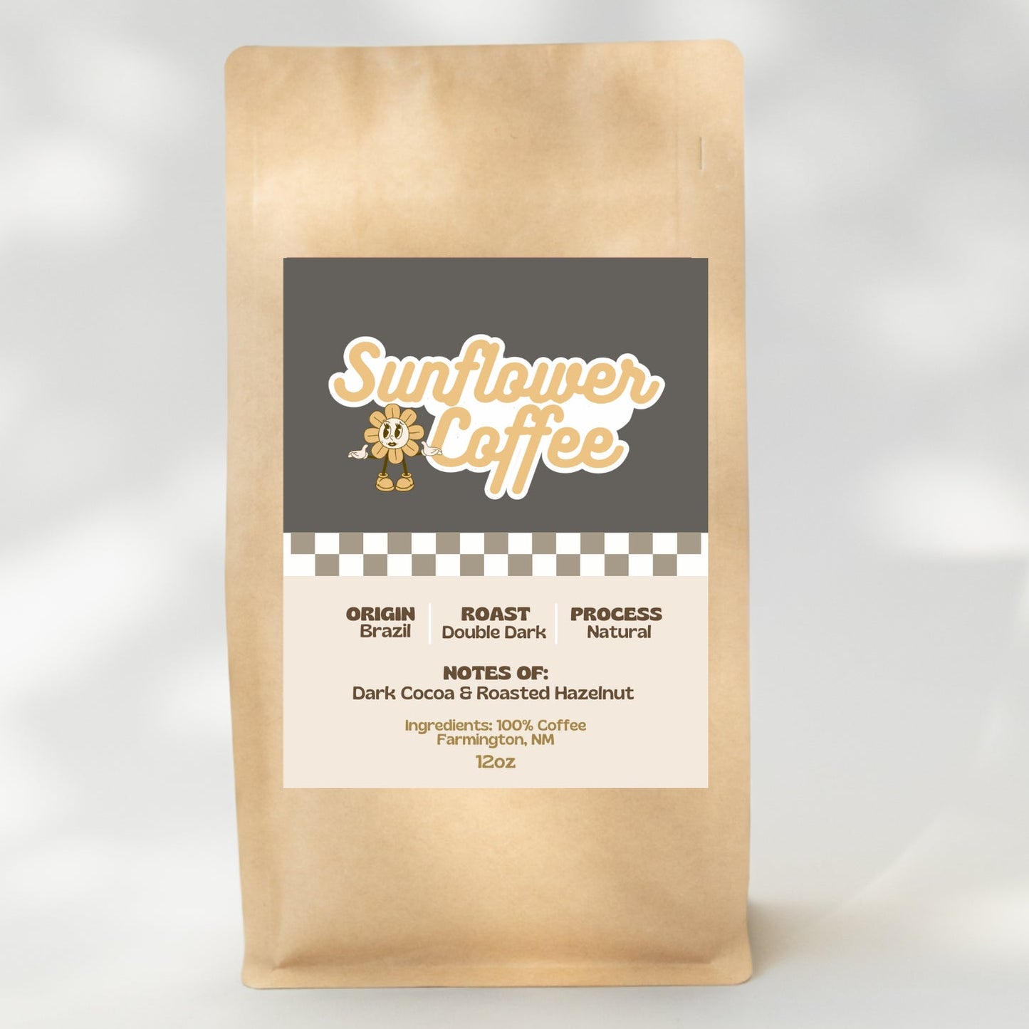 Kraft paper coffee bag with 'Sunflower Coffee' label on a light gray background