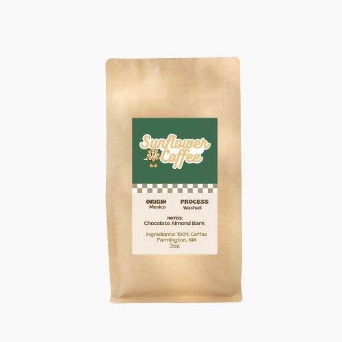 Sunflower Coffee bag with a label on a white background