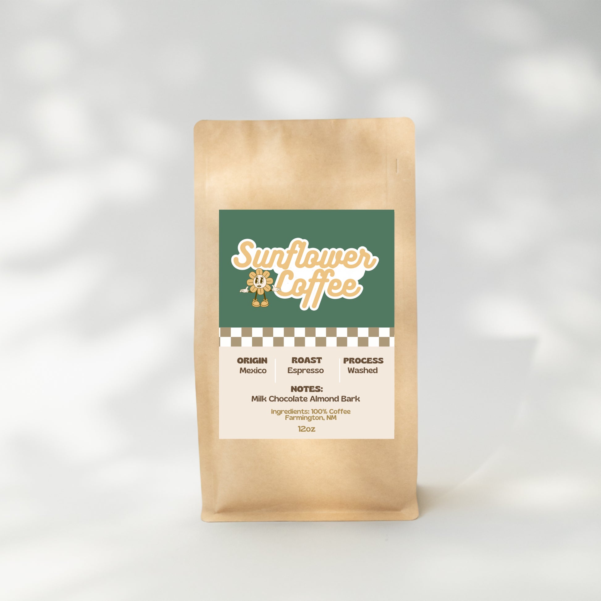 Kraft paper coffee bag with 'Sunflower Coffee' label on a light gray background
