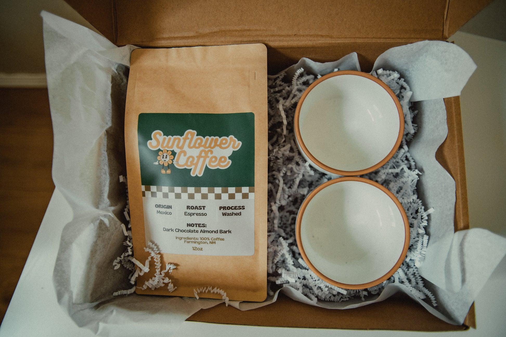 Sunflower Coffee package with two ceramic cups in a box
