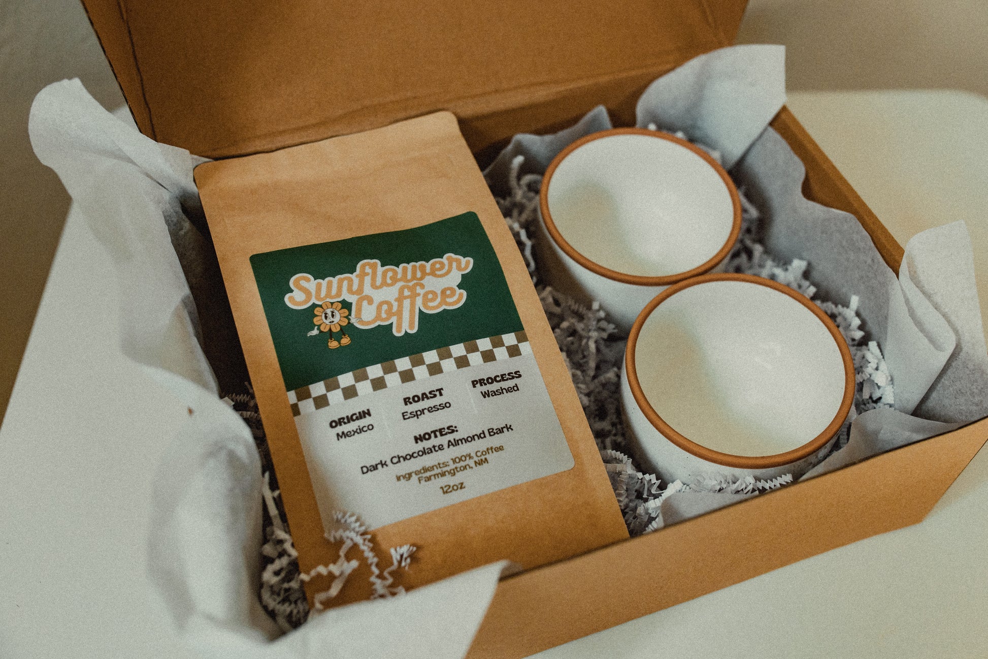 Sunflower Coffee package with two ceramic cups in a box